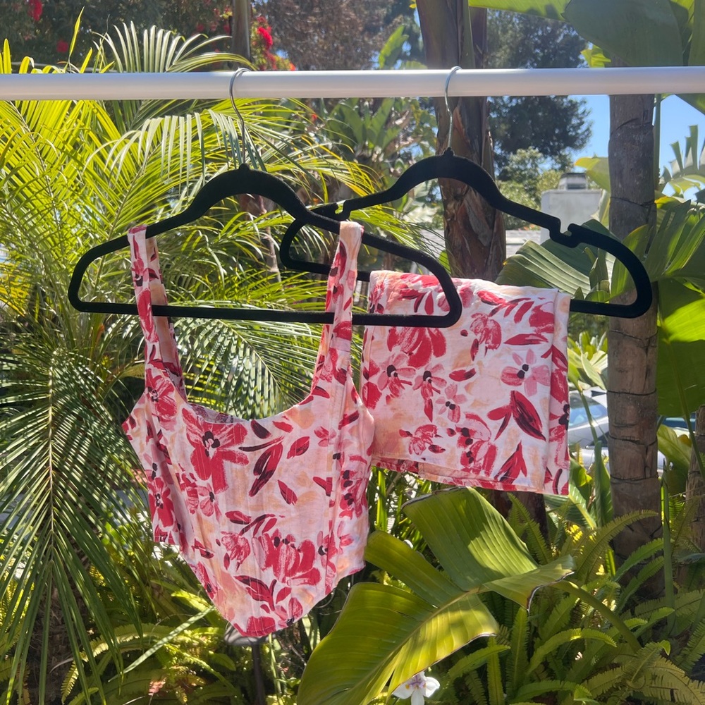 Floral Pink and White Crop Top and Skirt Set